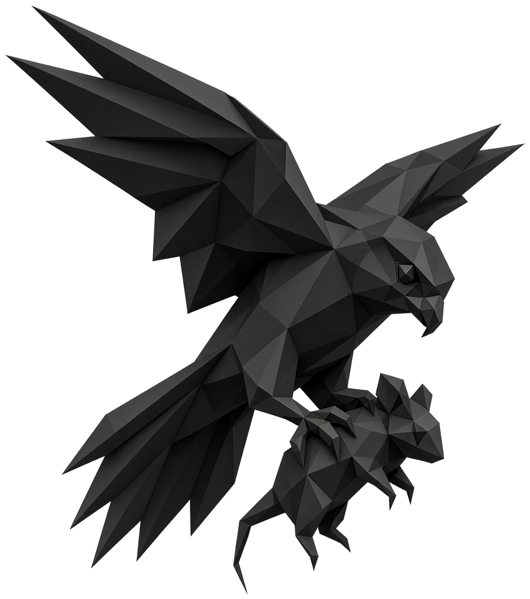A black low-poly kestrel lifting away with its catch