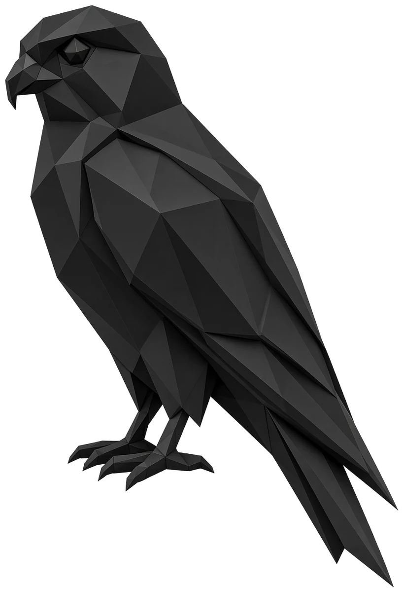 A black low-poly kestrel sculpture, perched and looking back over its shoulder