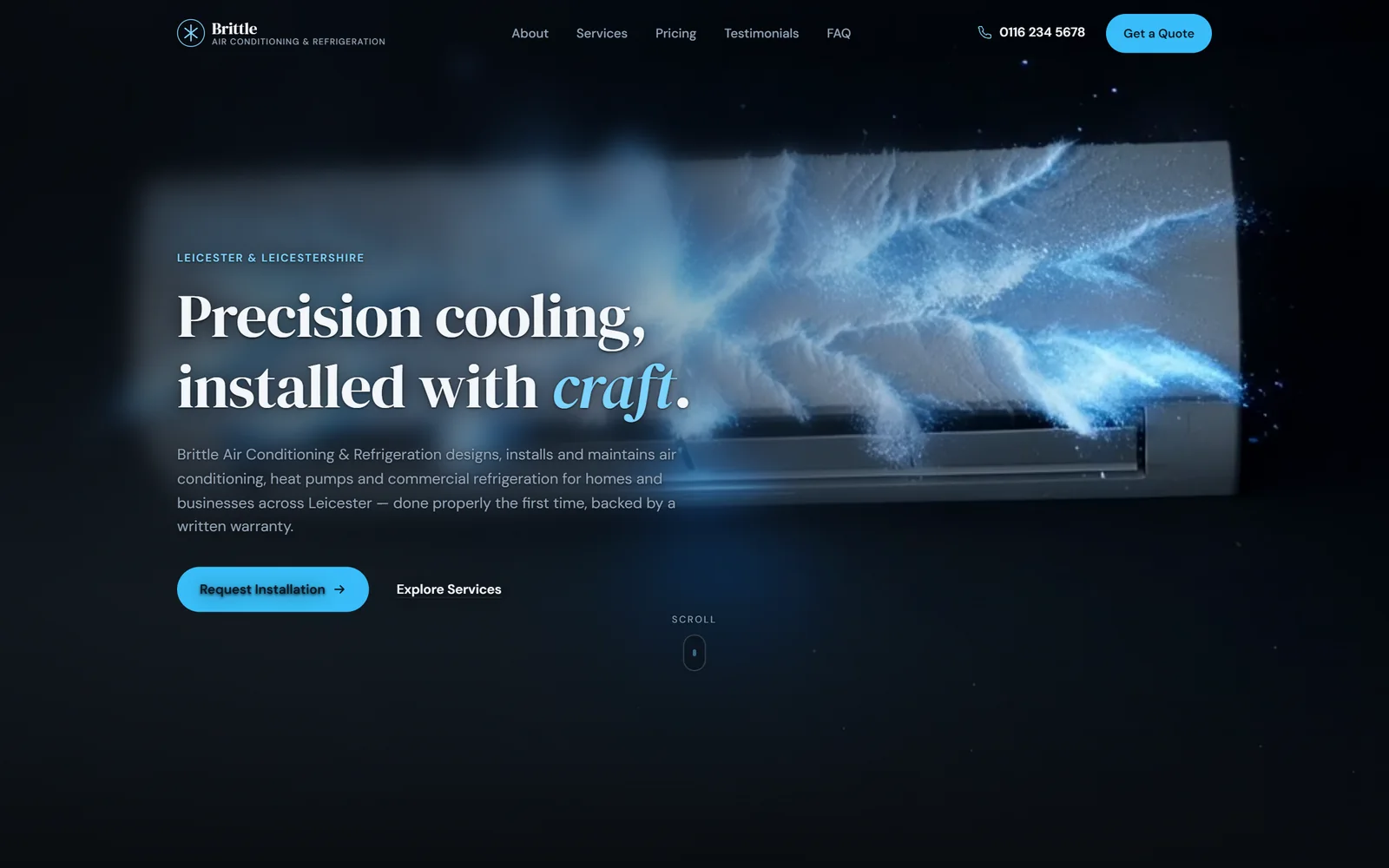 Brittle Air Conditioning homepage: the headline “Precision cooling, installed with craft” beside an air-conditioning unit dissolving into frost and light.