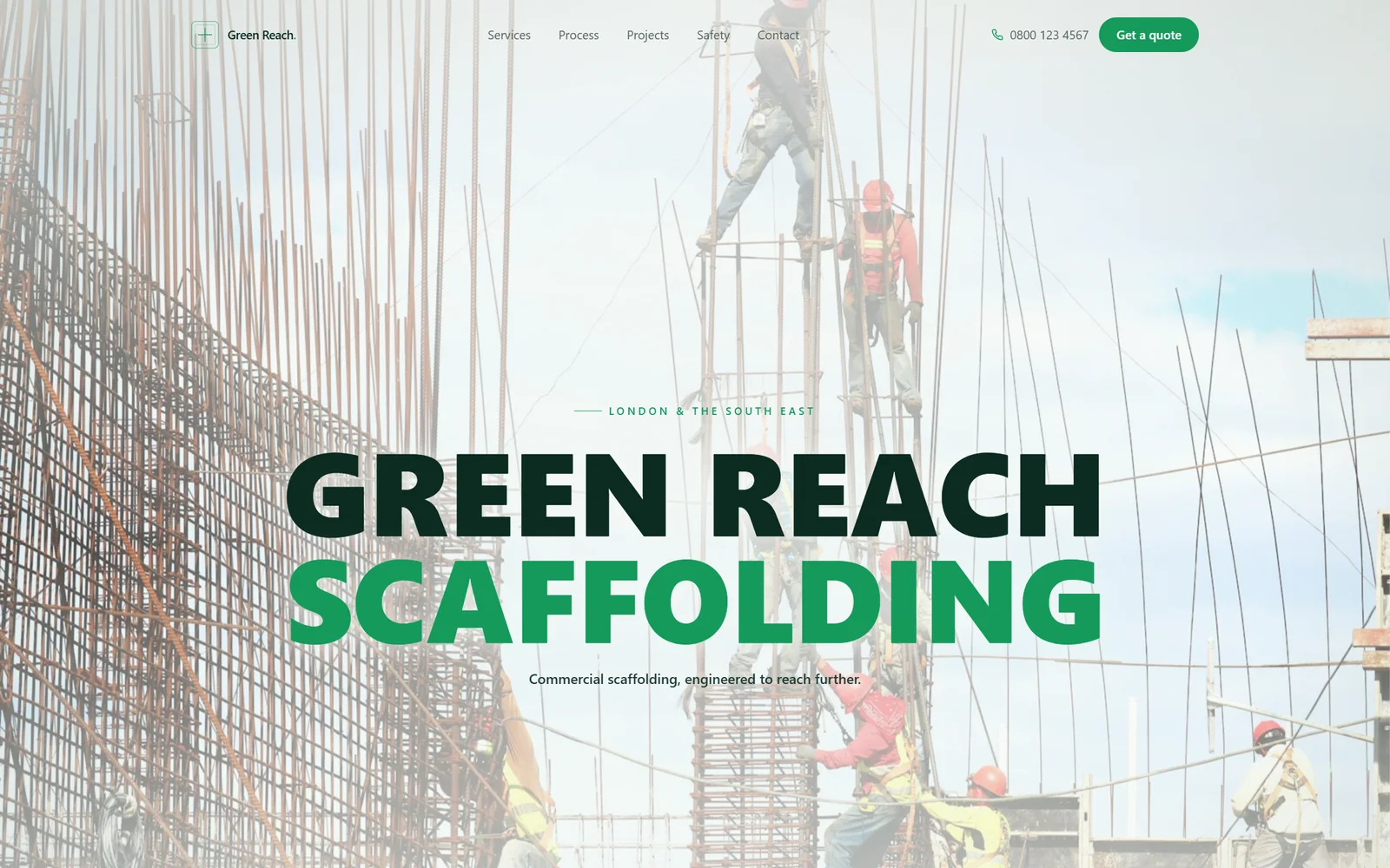Green Reach Scaffolding homepage: GREEN REACH SCAFFOLDING set over a bright photograph of scaffolders working high on a steel frame.
