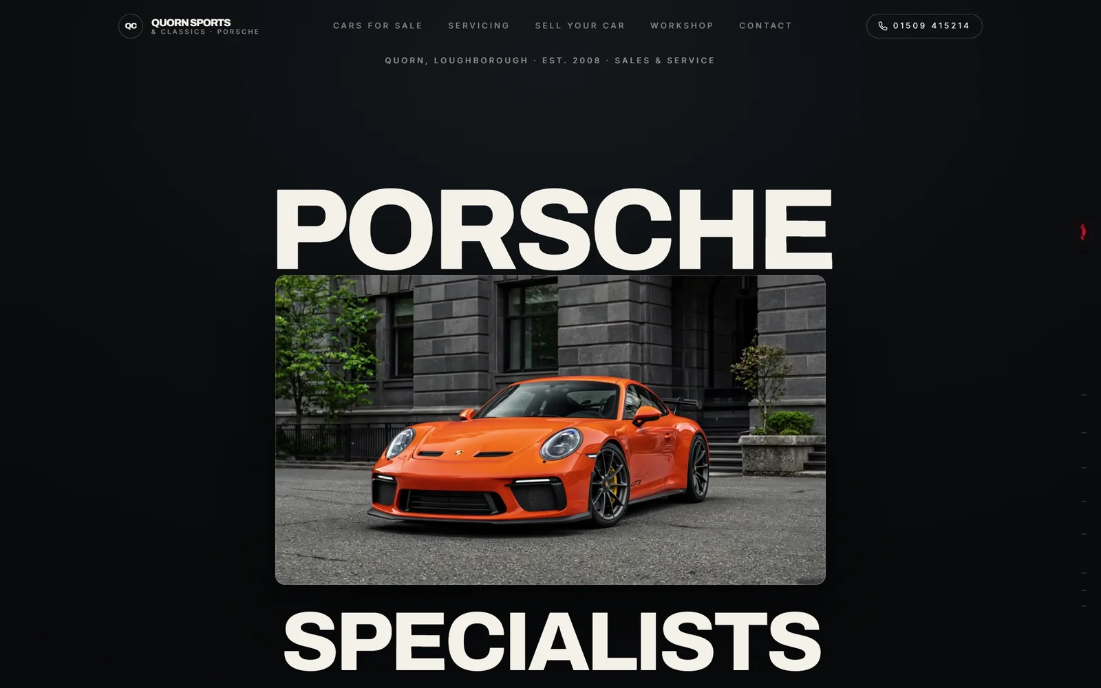 Quorn Sports & Classics homepage: the words PORSCHE SPECIALISTS set around a photograph of an orange 911 GT3.