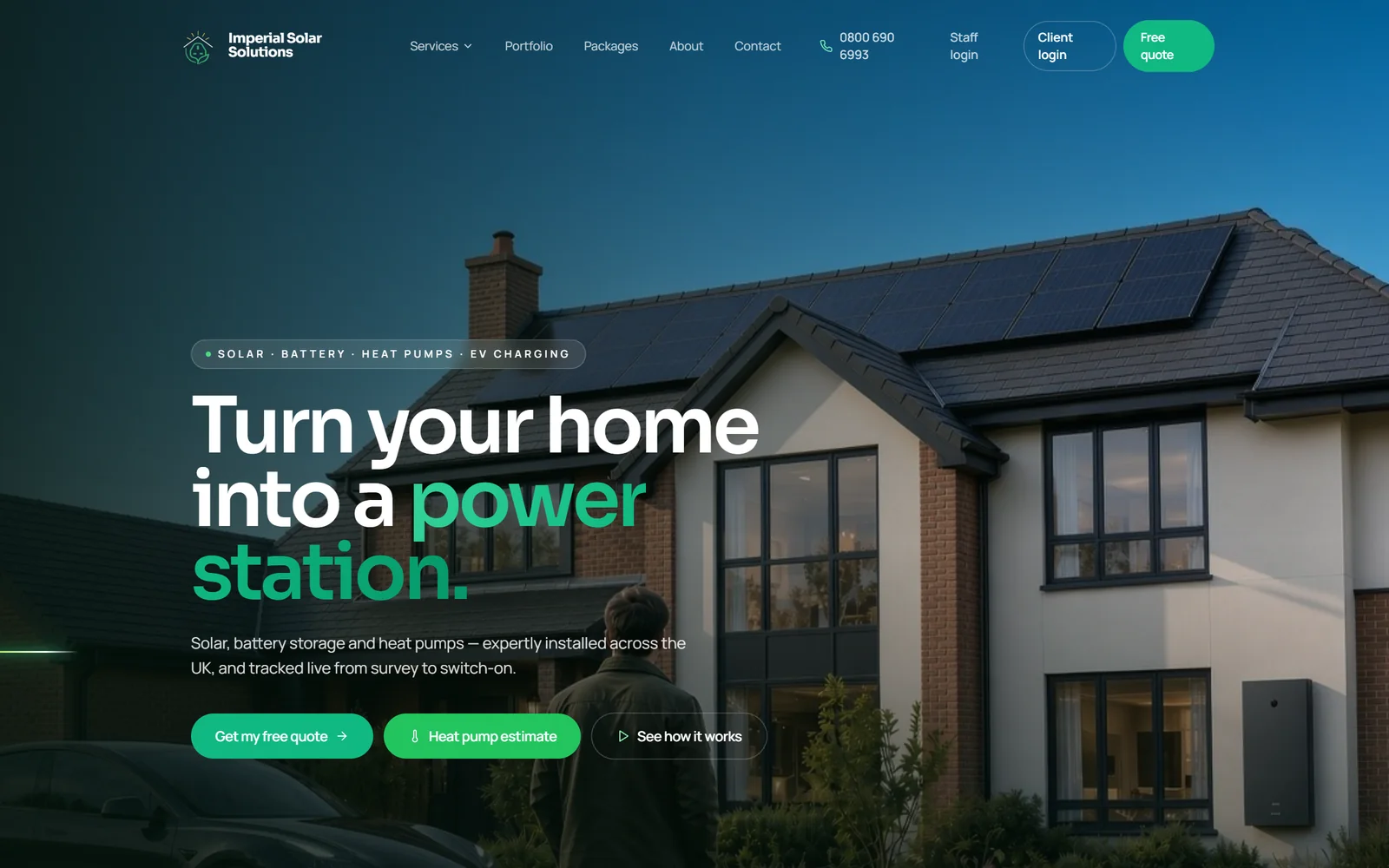 Imperial Solar Solutions homepage: a dusk photograph of a house with roof solar panels behind the headline “Turn your home into a power station”.